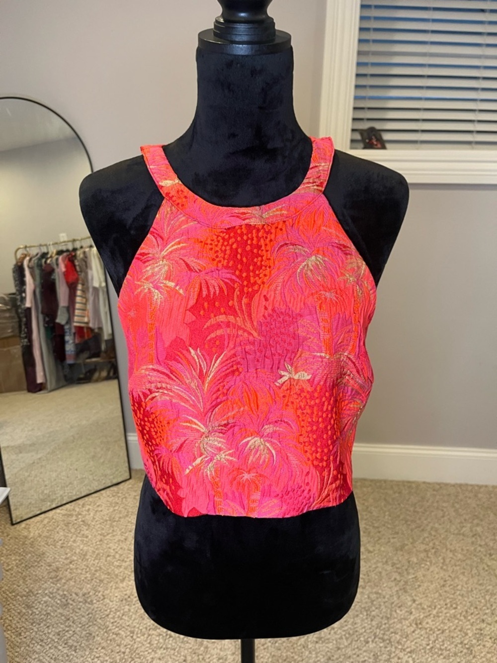 NWT Lavender Brown Bright Pink Tropical Halter Crop Top- small